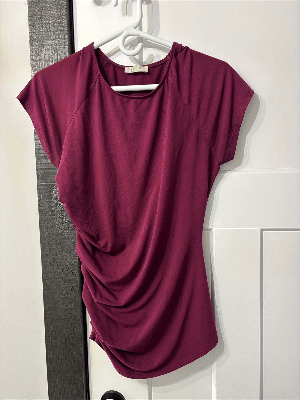 Suzy Shier Berry Draped Short-Sleeve Tunic